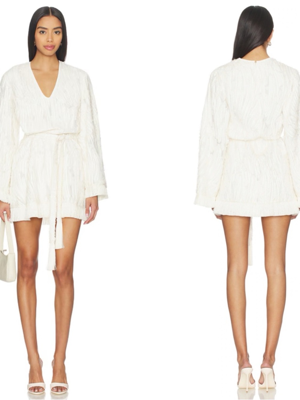 ALEXIS Jen Long Sleeve Fringe Belted White Mini Dress Size Medium